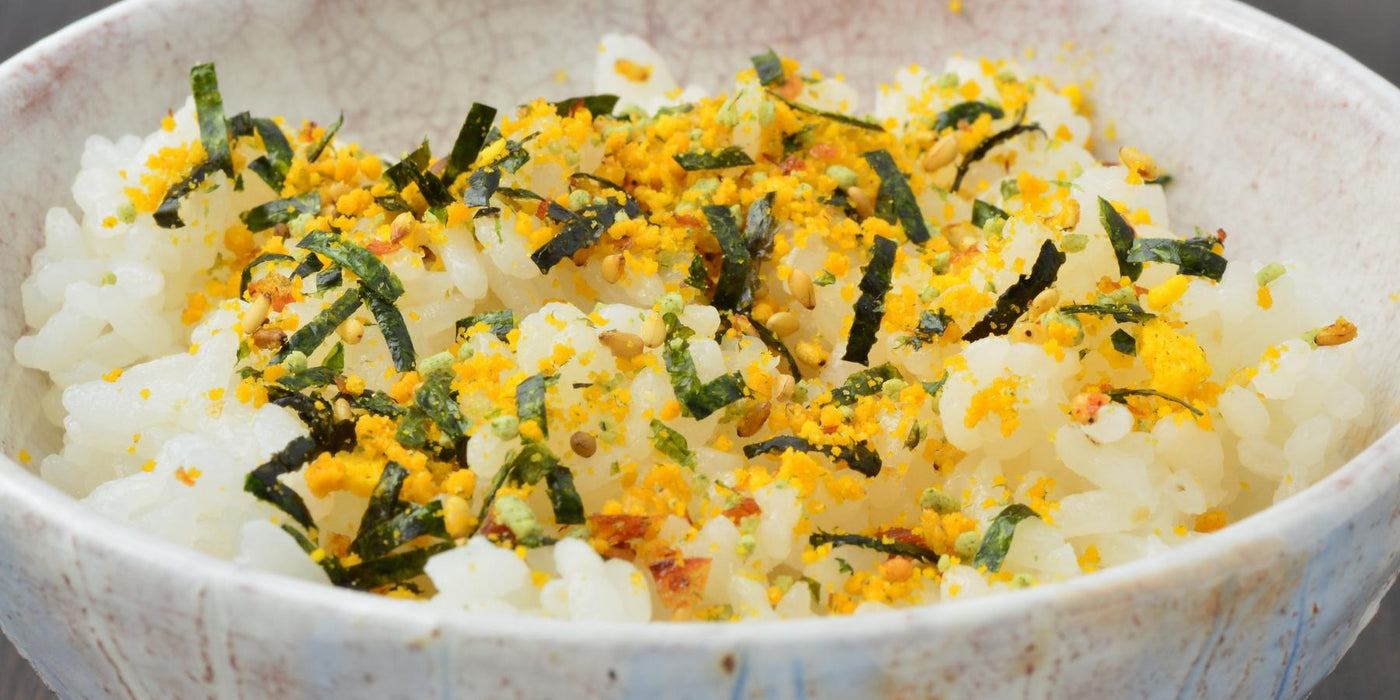 Furikake rice seasoning on a bowl of steamed rice