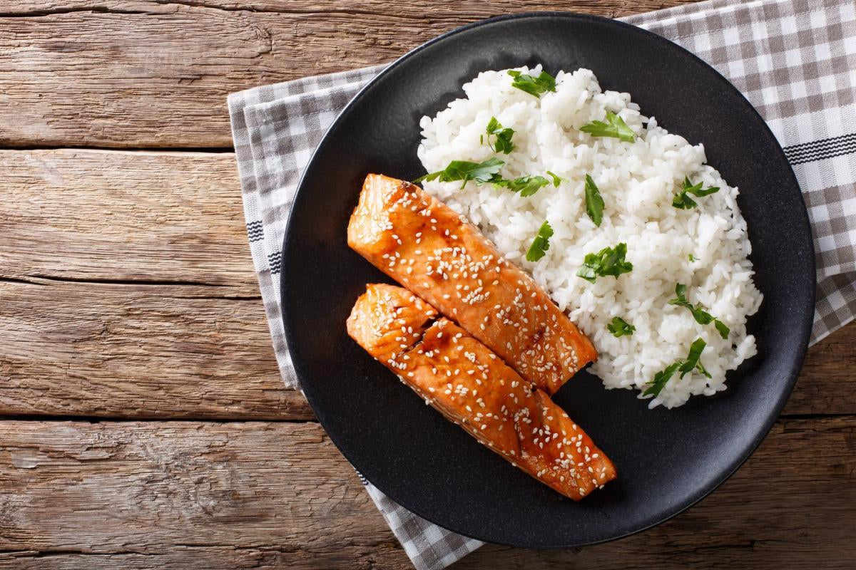 Sesame salmon with sticky coconut rice recipe