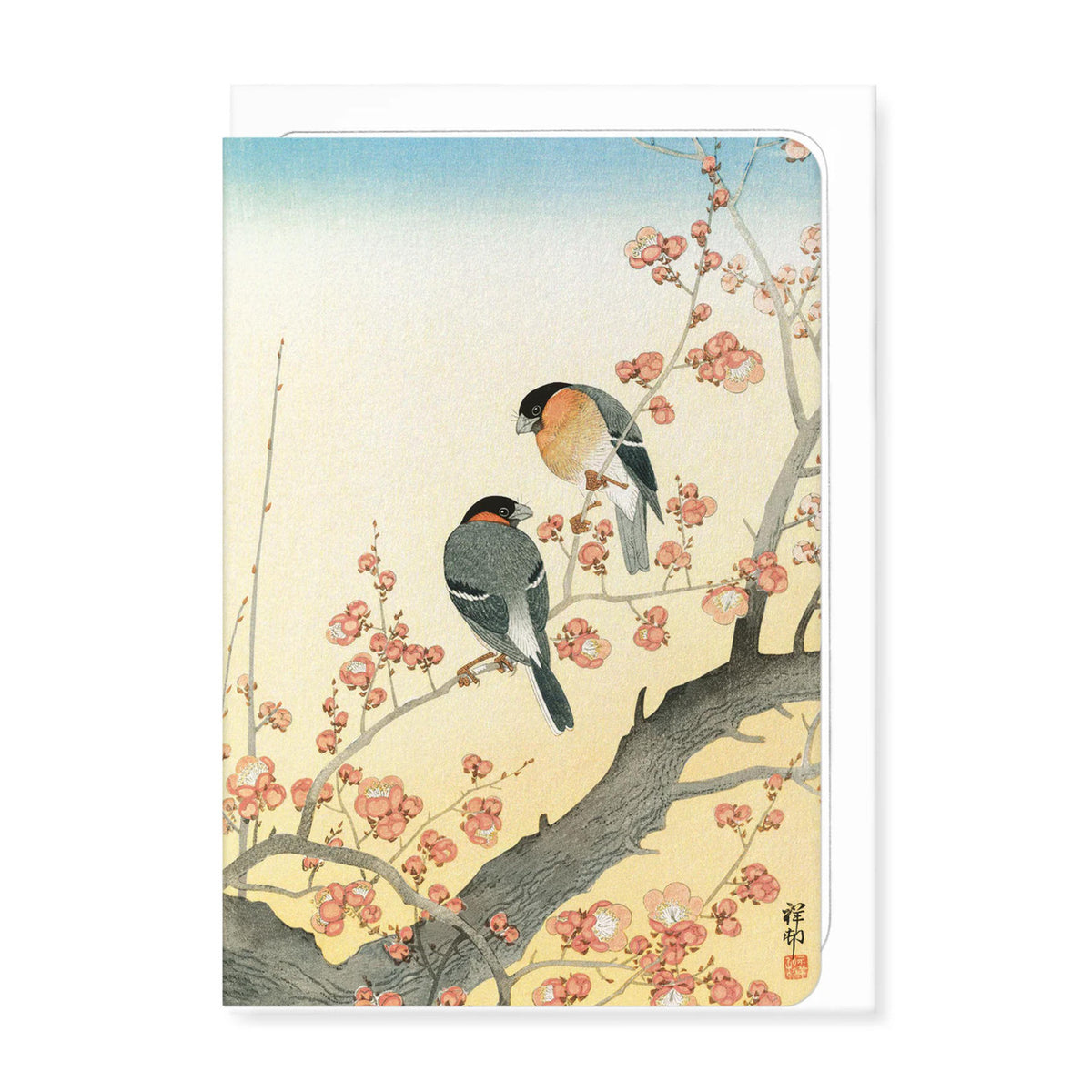 Bullfinches on flowering plum tree by koson greeting card