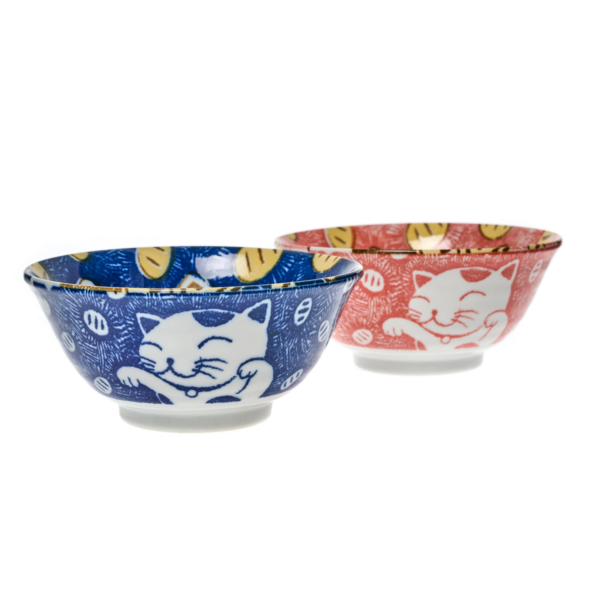 Yamata Seiho Ceramic Couple's Rice Bowl Set with Chopsticks - Cat Pattern, Blue & Red