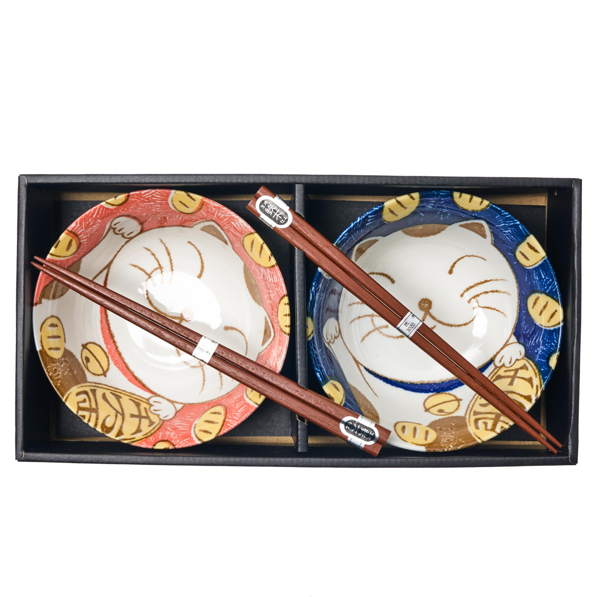 Yamata Seiho Ceramic Couple's Rice Bowl Set with Chopsticks - Cat Pattern, Blue & Red - 2
