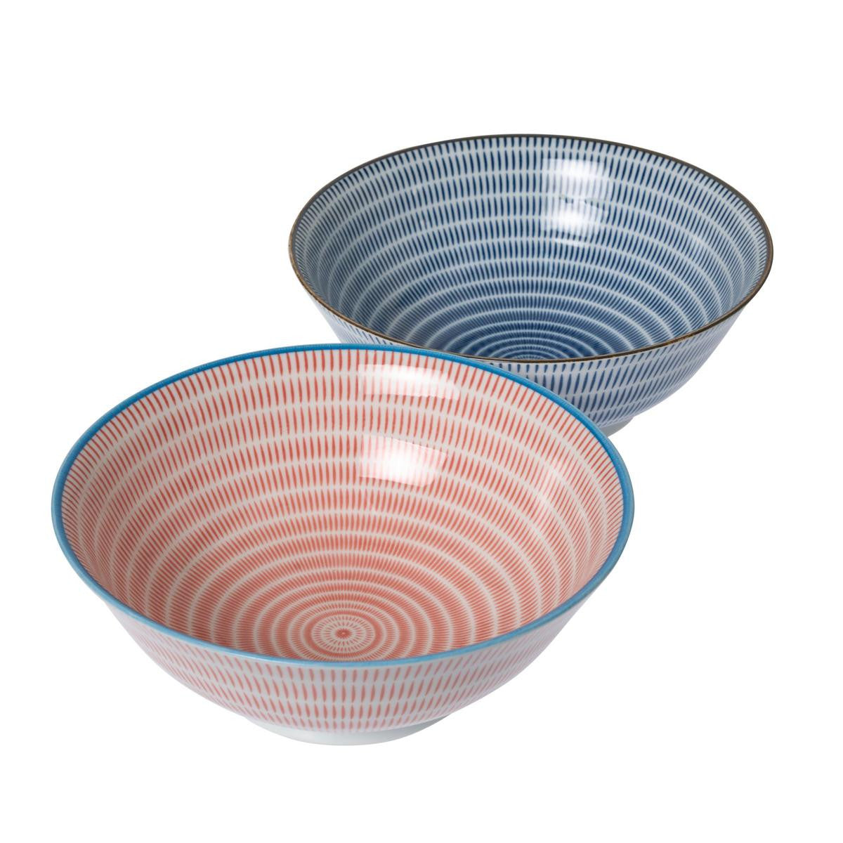 Yamata seiho ceramic couples noodle bowl set stripe pattern blue red