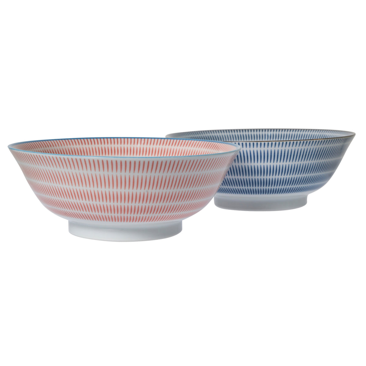 Yamata Seiho Ceramic Couple's Noodle Bowl Set - Stripe Pattern, Blue & Red - 2