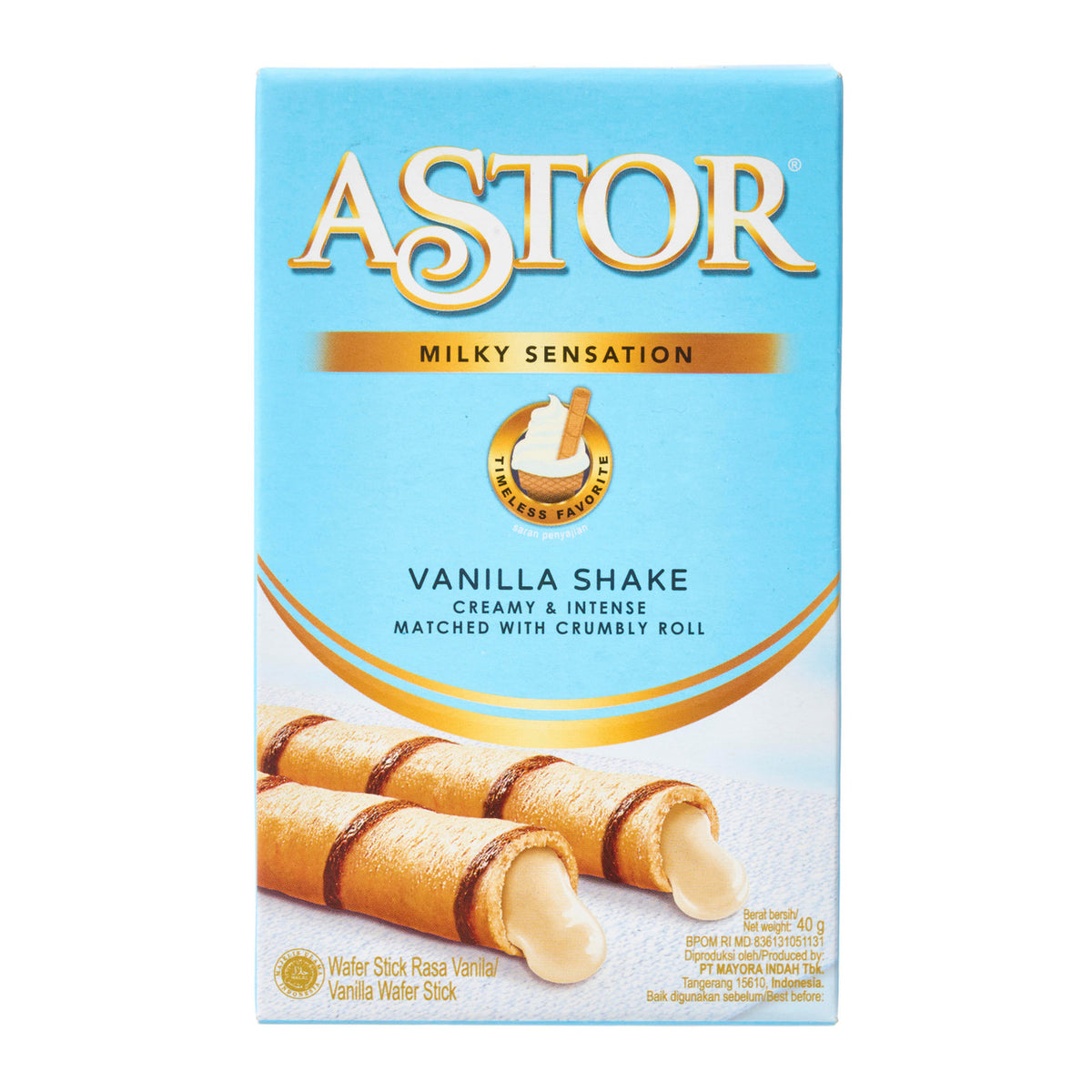 Mayora astor vanilla shake filled wafer rolls