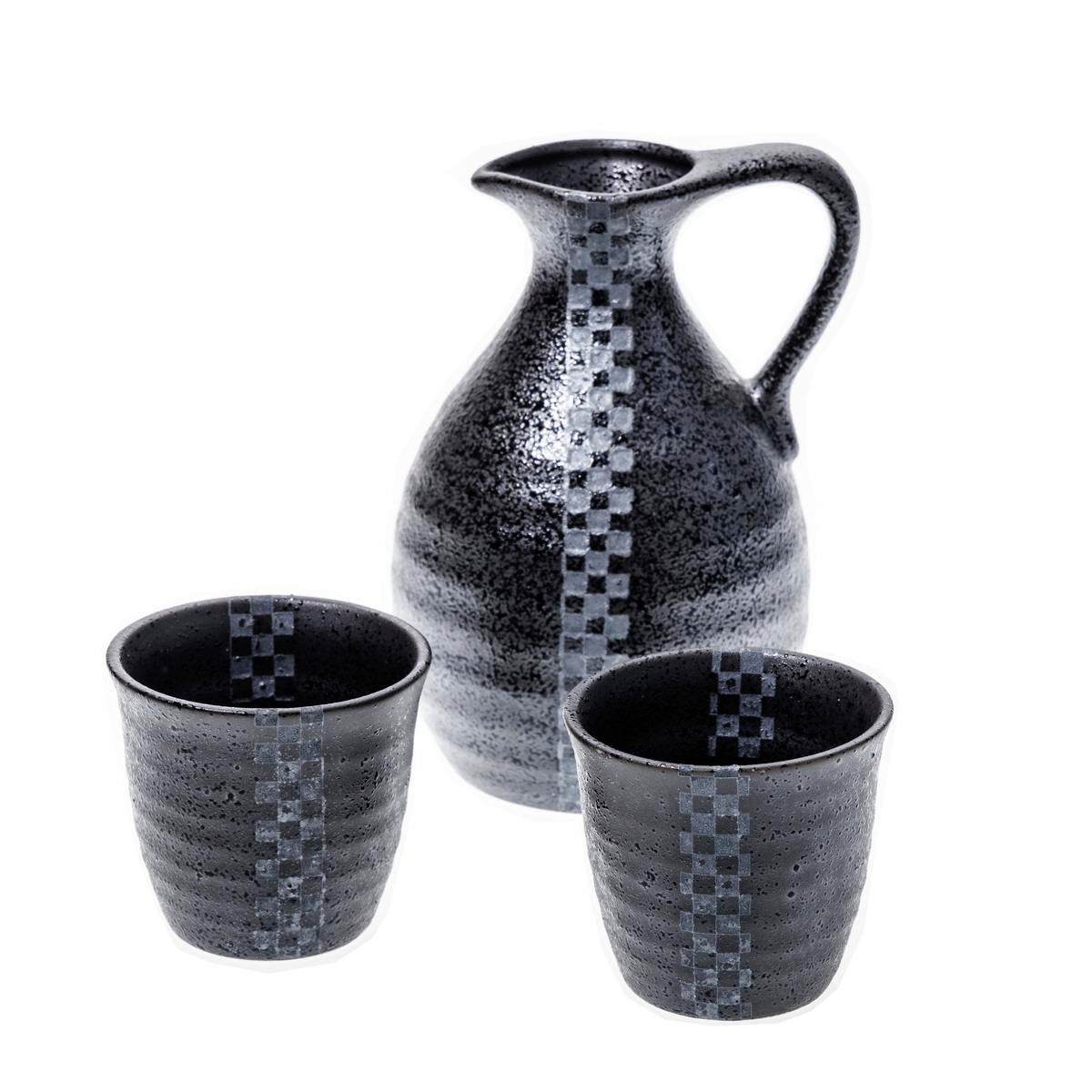 Ceramic sake set black and silver speckled ichimatsu check pattern