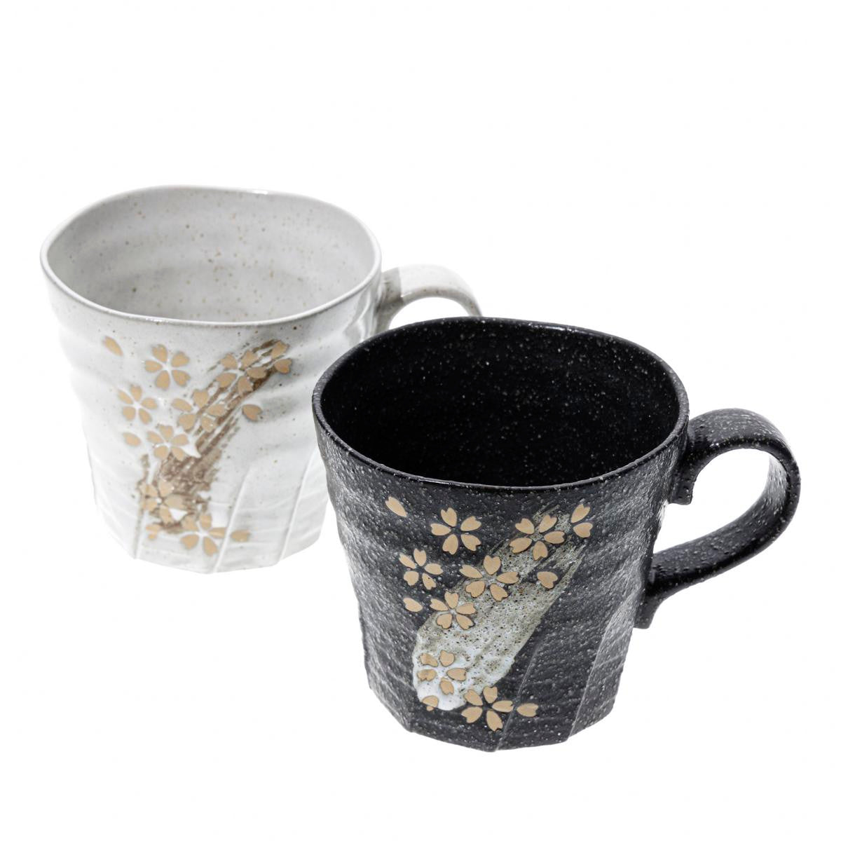 Ceramic hakeme mug set black and white gold scattered sakura pattern