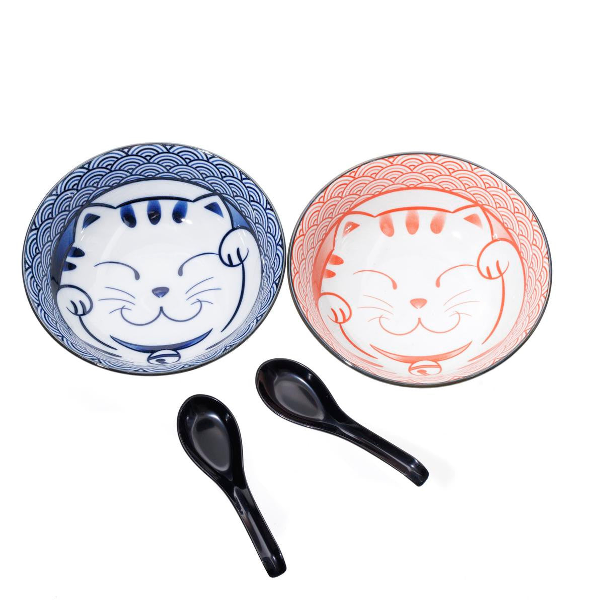 Ceramic couples rice bowl set with renge spoons seigaiha wave cat pattern blue red