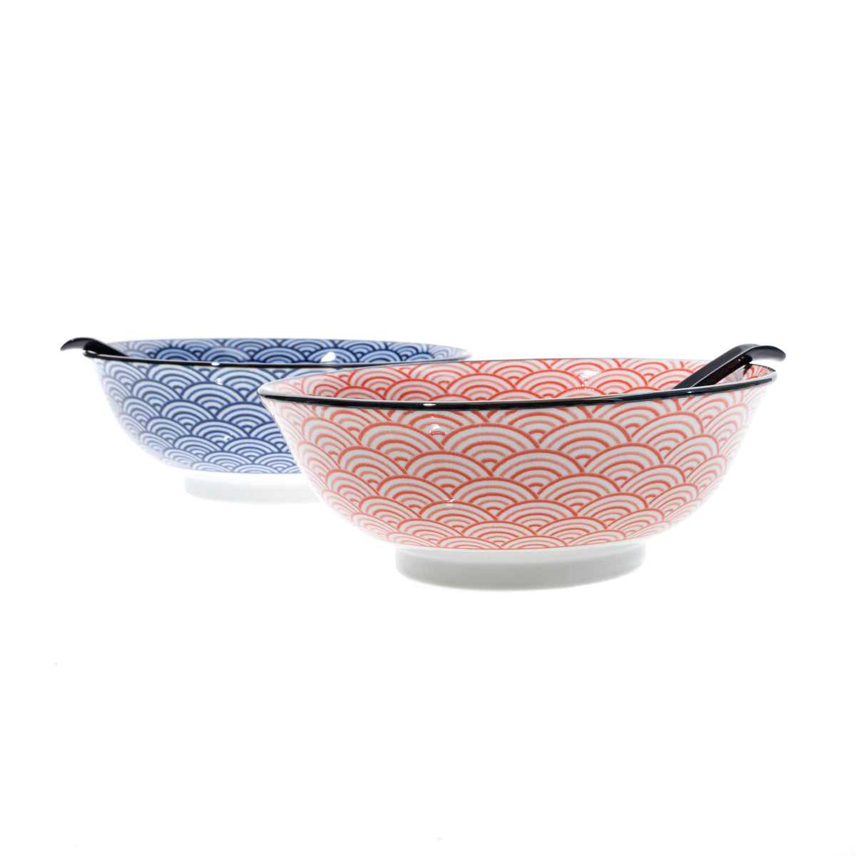 Ceramic Couple's Rice Bowl Set with Renge Spoons - Seigaiha Wave Cat Pattern, Blue & Red - 2