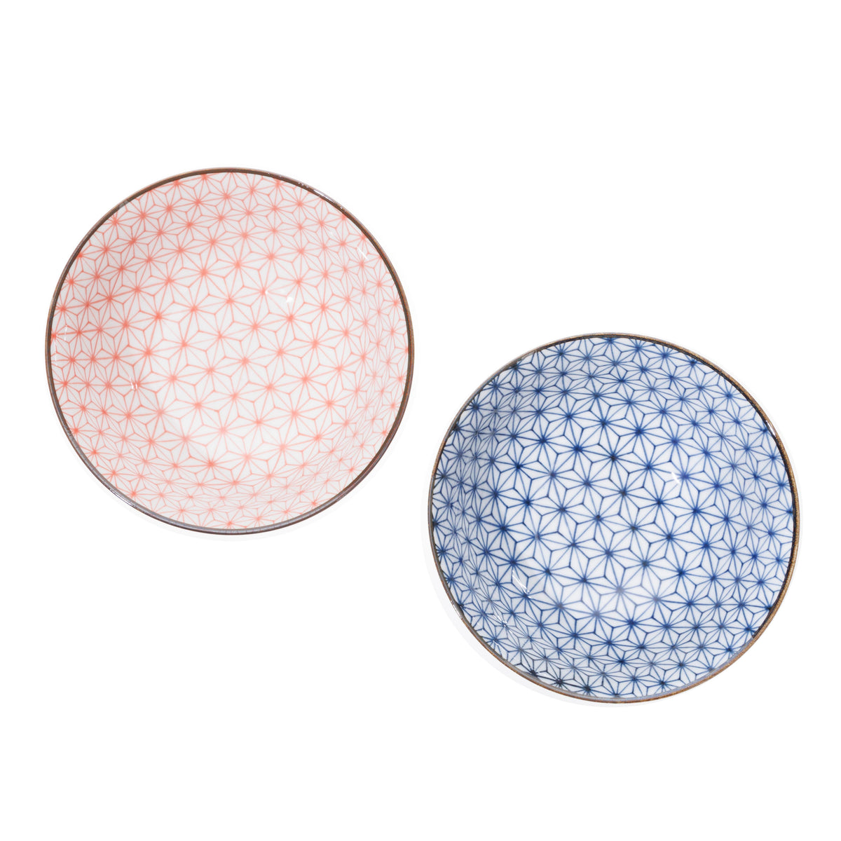 Ceramic Couple's Ramen Bowl Set with Chopsticks - Red And Blue, Asanoha Hemp Leaf Pattern - 2