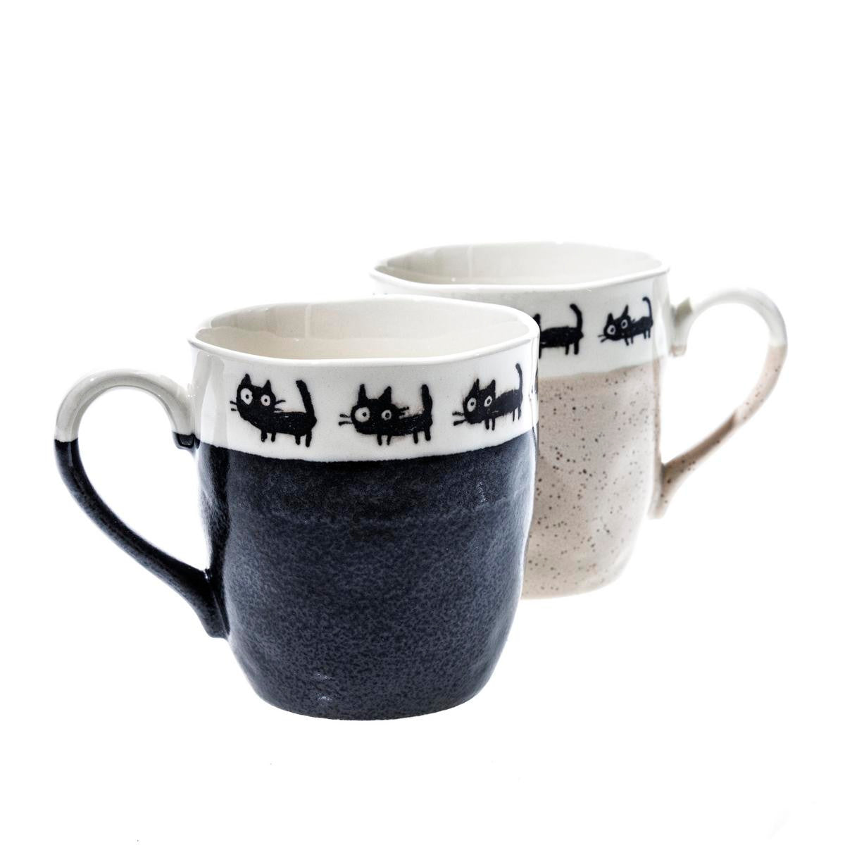 Ceramic mug set black and beige speckled black cat design