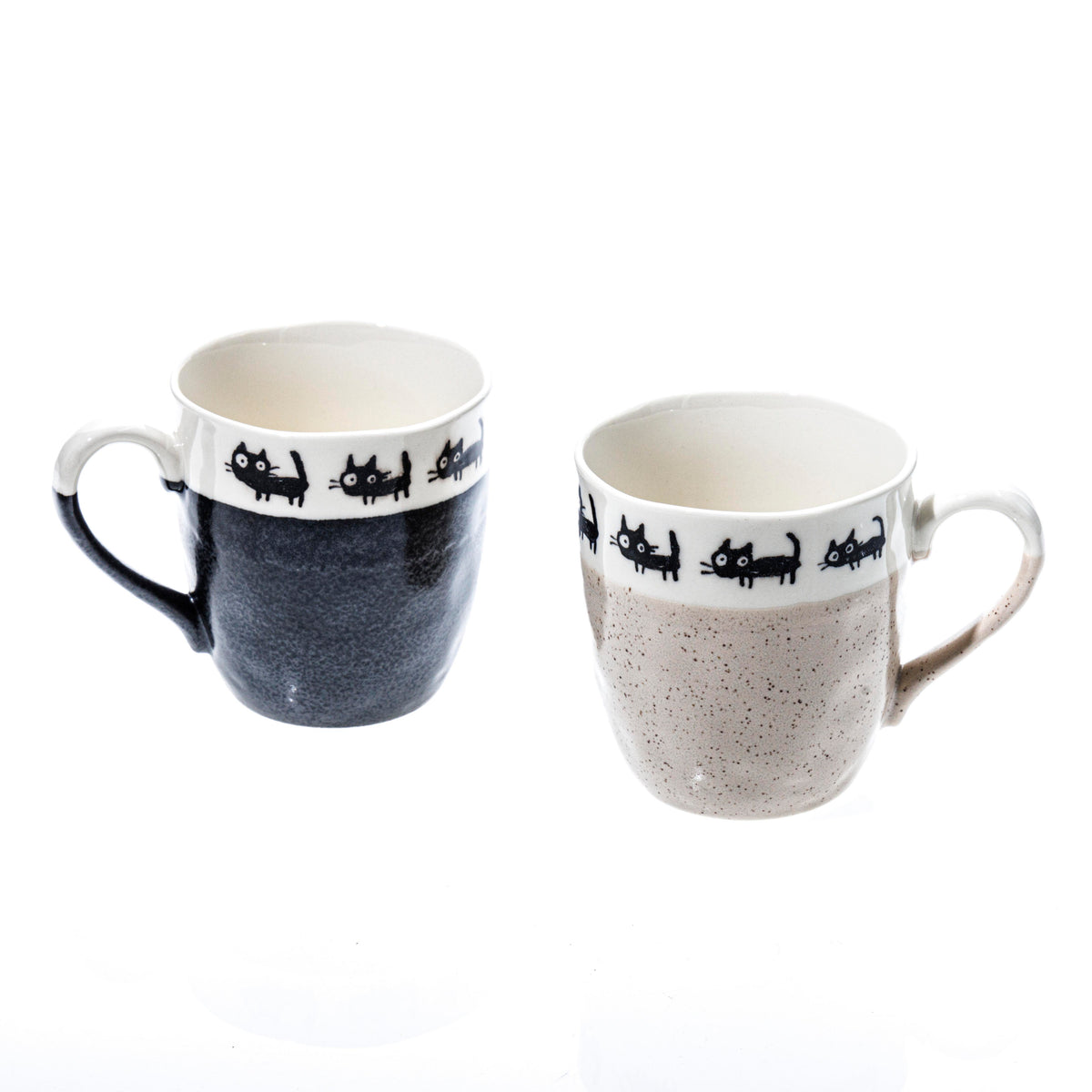 Ceramic Mug Set - Black And Beige, Speckled Black Cat Design