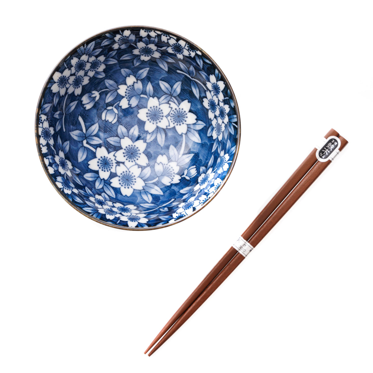 Ceramic Sometsuke Rice Bowl Set With Chopsticks - Navy, Flower Swirl Pattern - 2