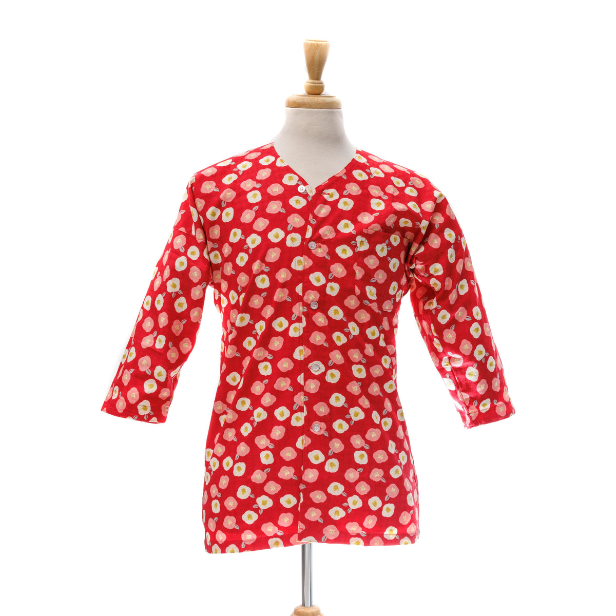 Traditional Japanese Chef Shirt - Red, Tsubaki Camellia Pattern (Large)