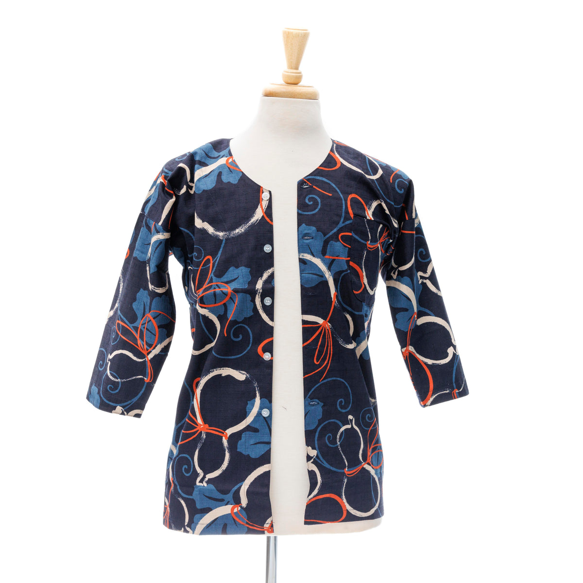 Traditional Japanese Chef Shirt - Navy, Orange, White And Blue Gourd Pattern (Medium)