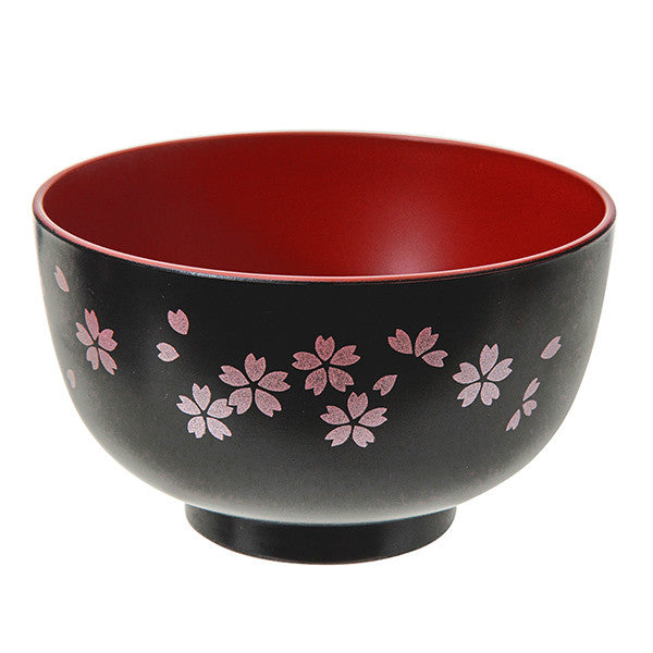 Plastic Miso Soup Bowl, Black and Pink Sakura Cherry Blossom Pattern