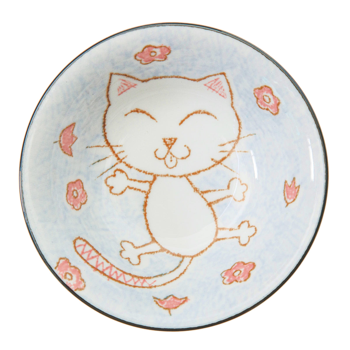 Tanaka Ceramic Small Serving Bowl, Light Blue Crayon Cat Design