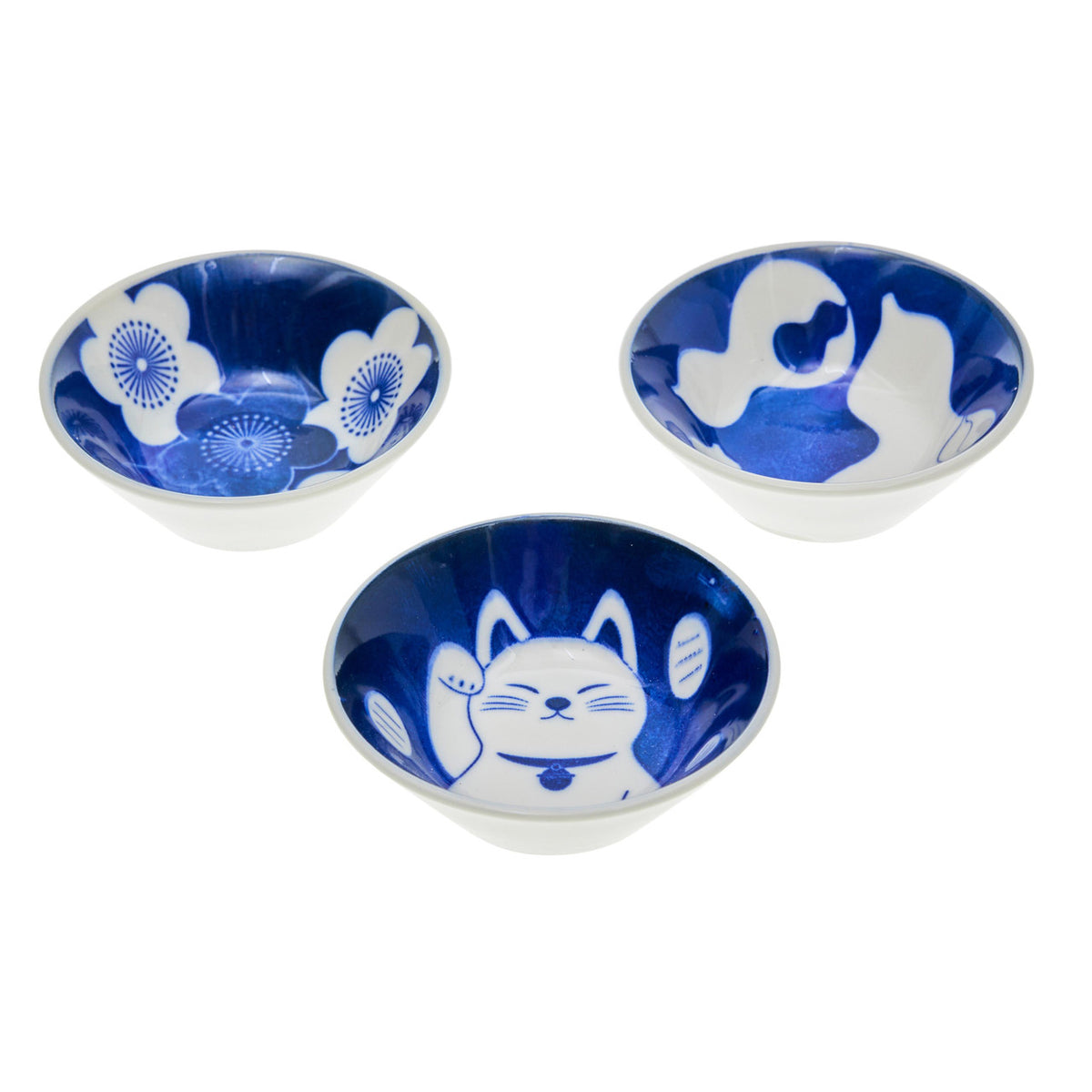 Yamata seiho small ceramic bowl set aizome lucky cat design