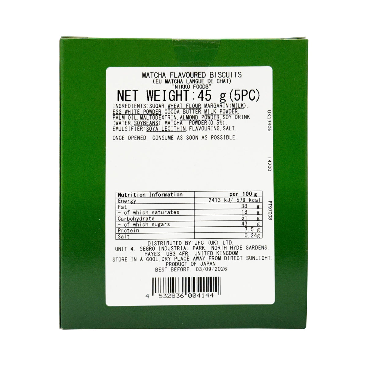 Nikko Matcha Langue De Chat Biscuits