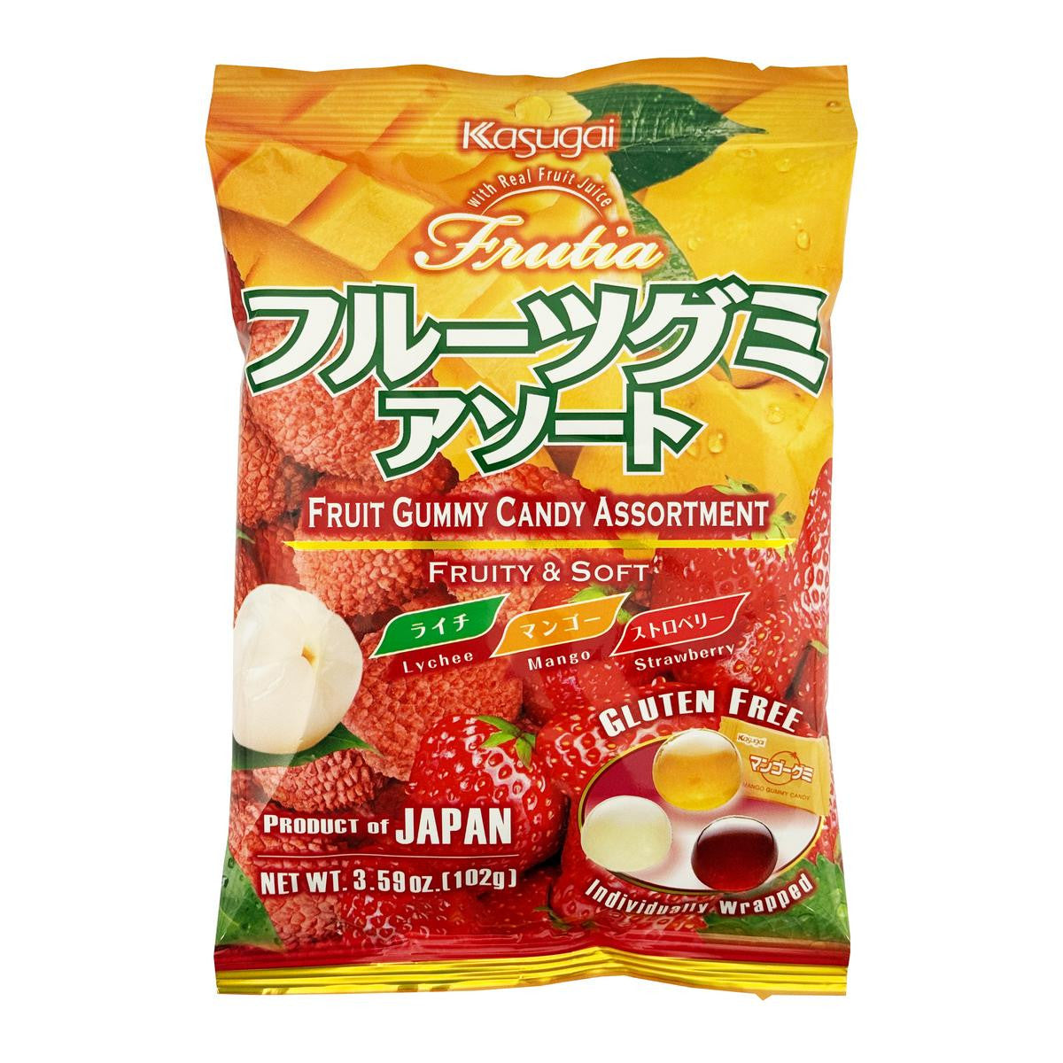 Kasugai assorted fruit gummy candy lychee mango and strawberry