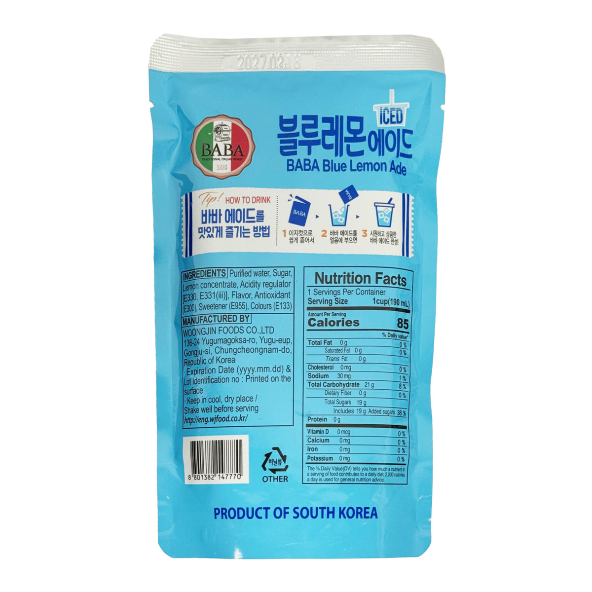 Woongjin BABA Blue Lemon Ade Pouch Drink