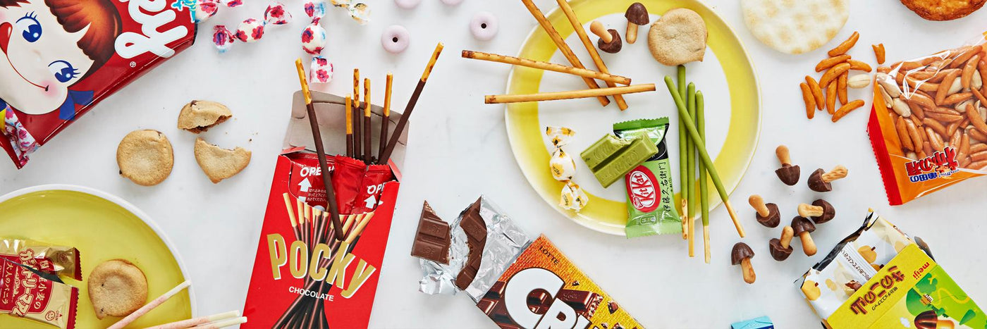 A wide variety of Japanese chocolate, Pocky sticks, cookies and candies.