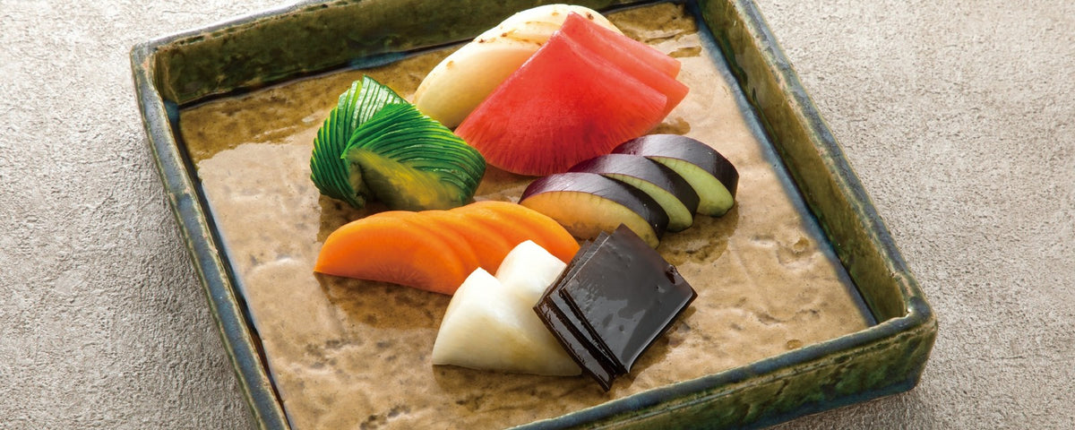 Pickles, or 'tsukemono' presented on a Japanese table