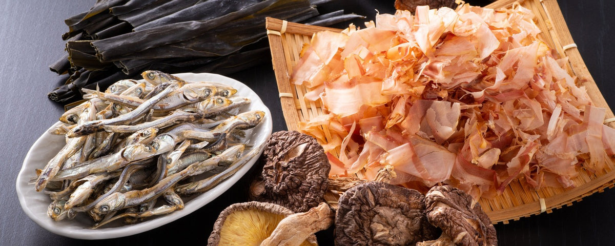 Dried sardines, kombu seaweed, bonito flakes and dried shiitake mushrooms