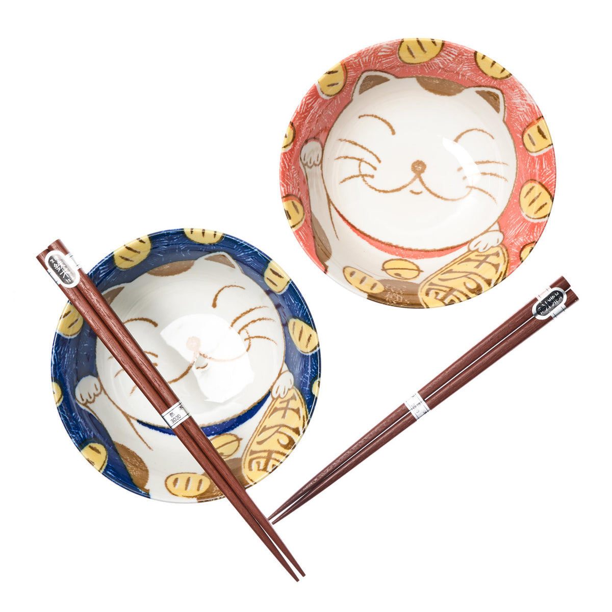 Yamata seiho ceramic couples rice bowl set with chopsticks cat pattern blue red