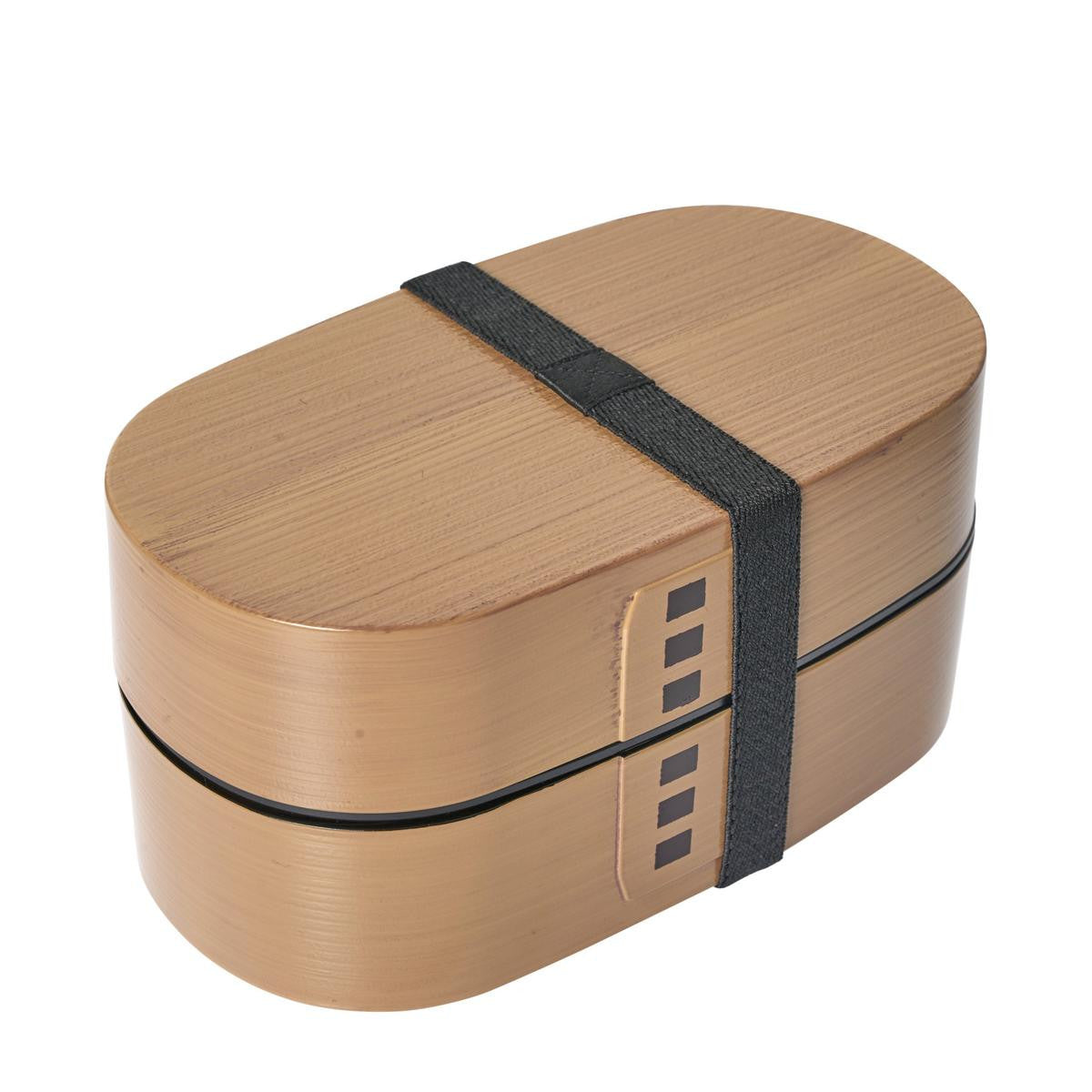 Hakoya two tier wappa bento lunch box with belt brown hinoki wood effect