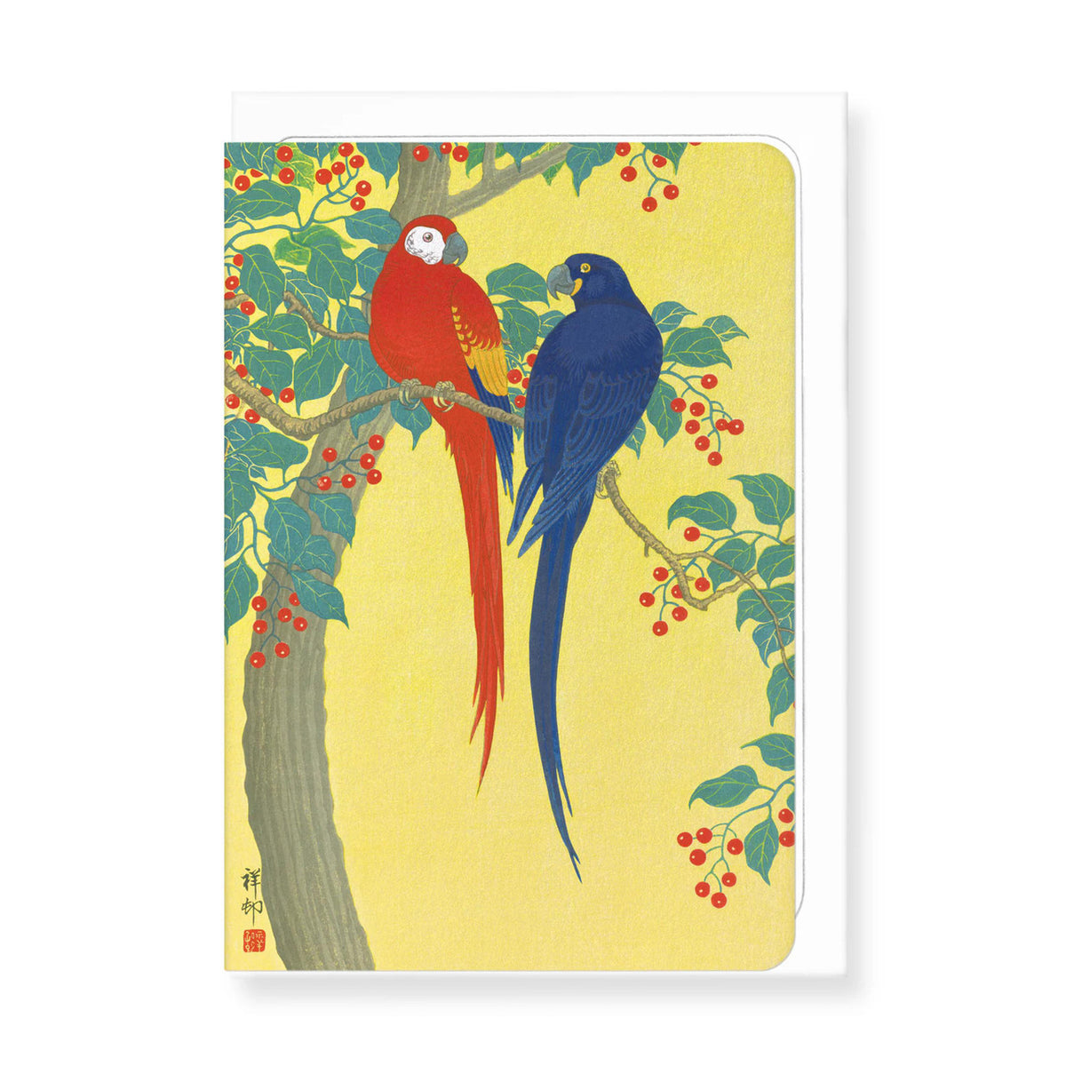 Two parrots and berries by ohara koson greeting card