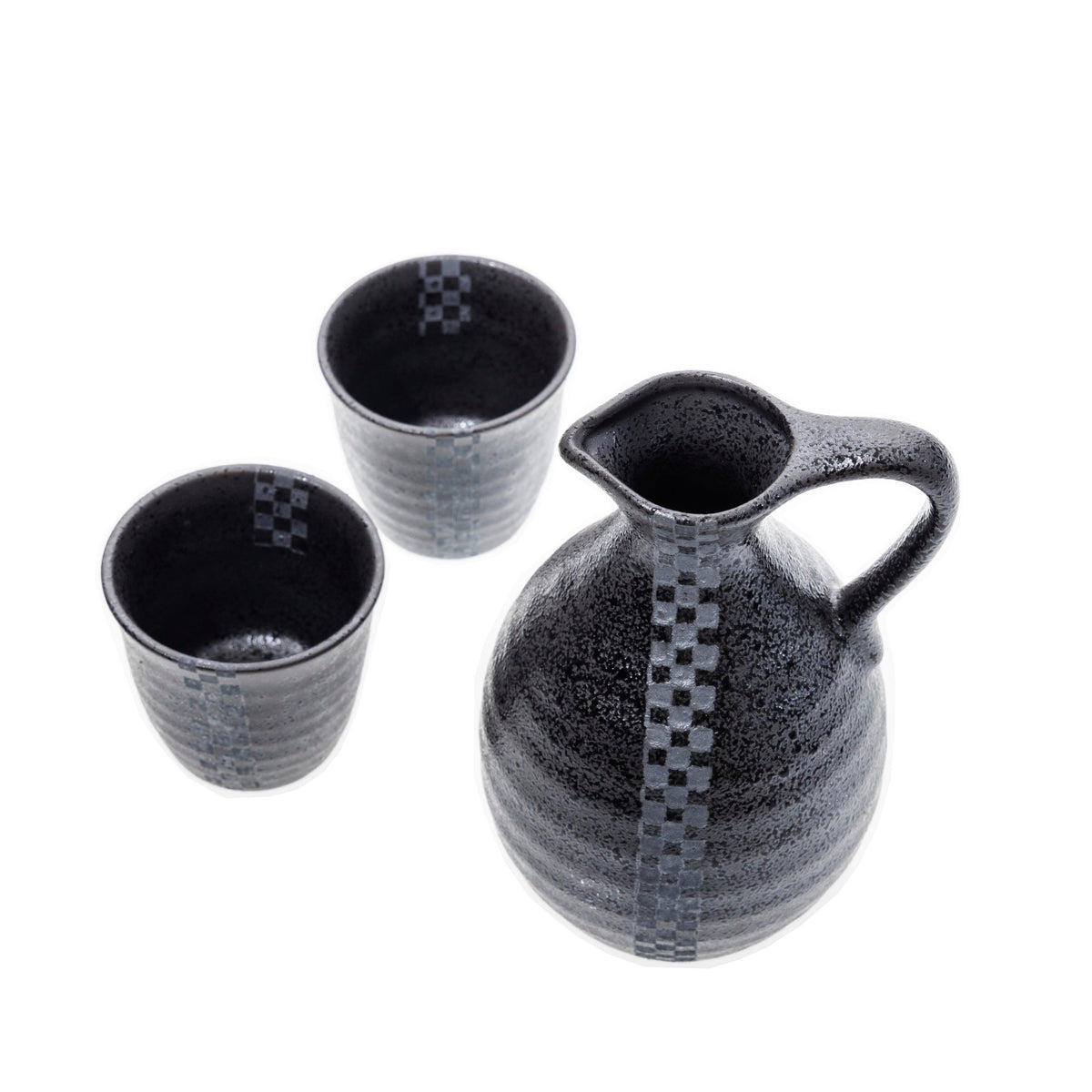 Ceramic Sake Set - Black and Silver, Speckled Ichimatsu Check Pattern