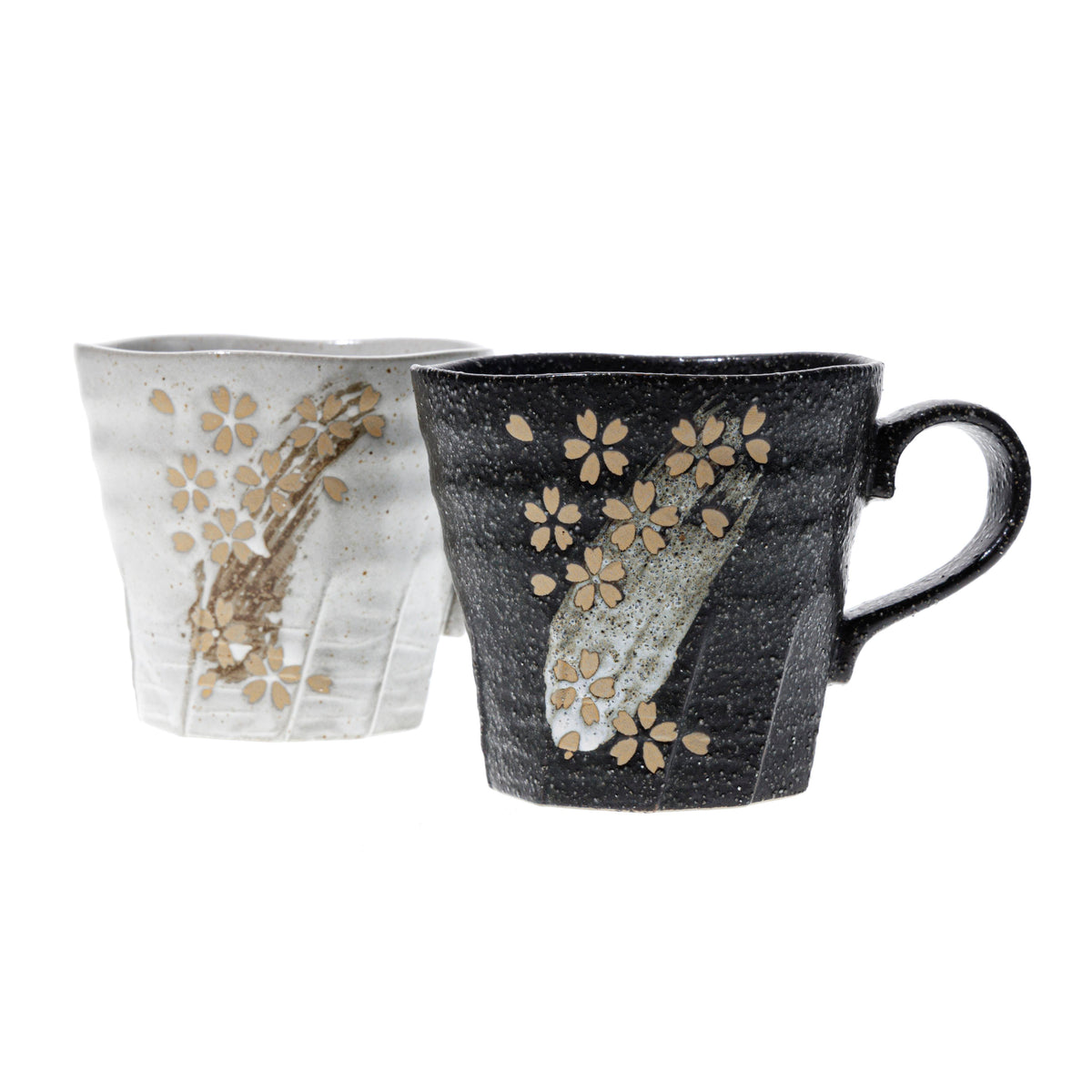 Ceramic Hakeme Mug Set - Black and White, Gold Scattered Sakura Pattern