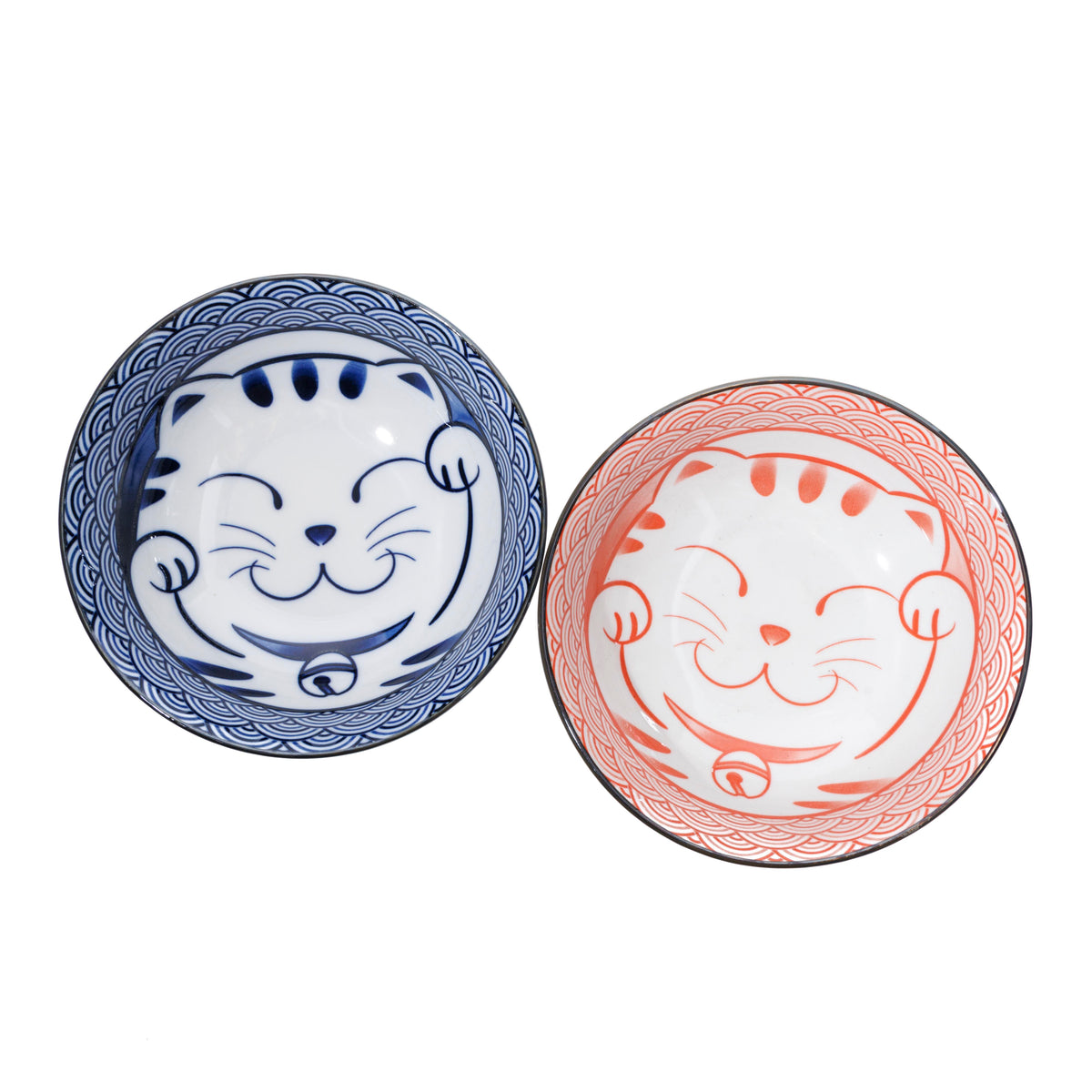 Ceramic Couple's Rice Bowl Set with Renge Spoons - Seigaiha Wave Cat Pattern, Blue & Red