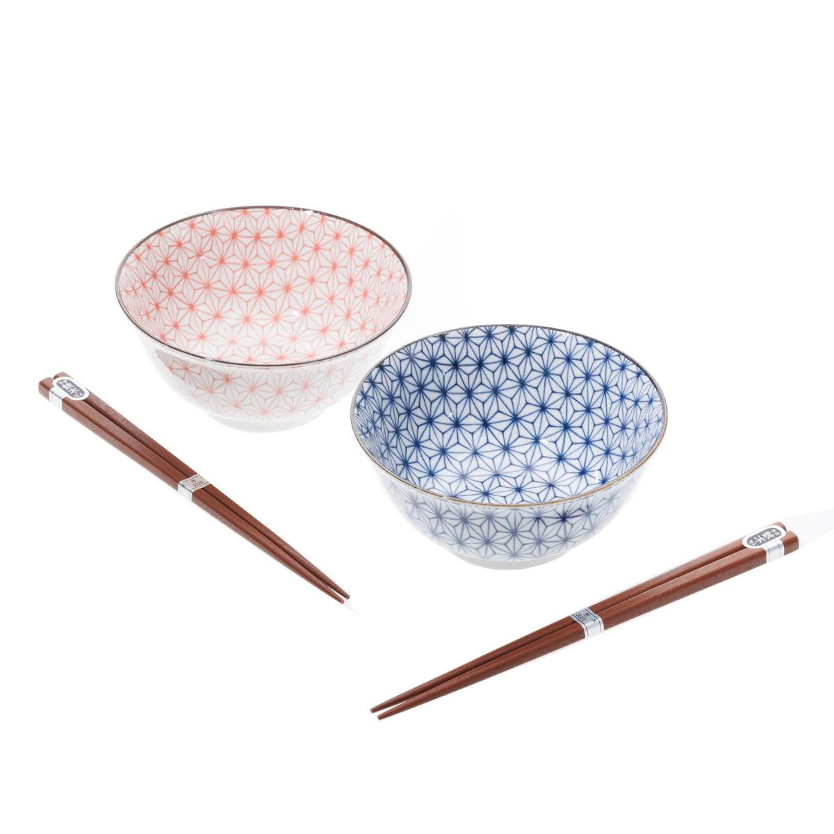 Ceramic couples ramen bowl set with chopsticks red and blue asanoha hemp leaf pattern