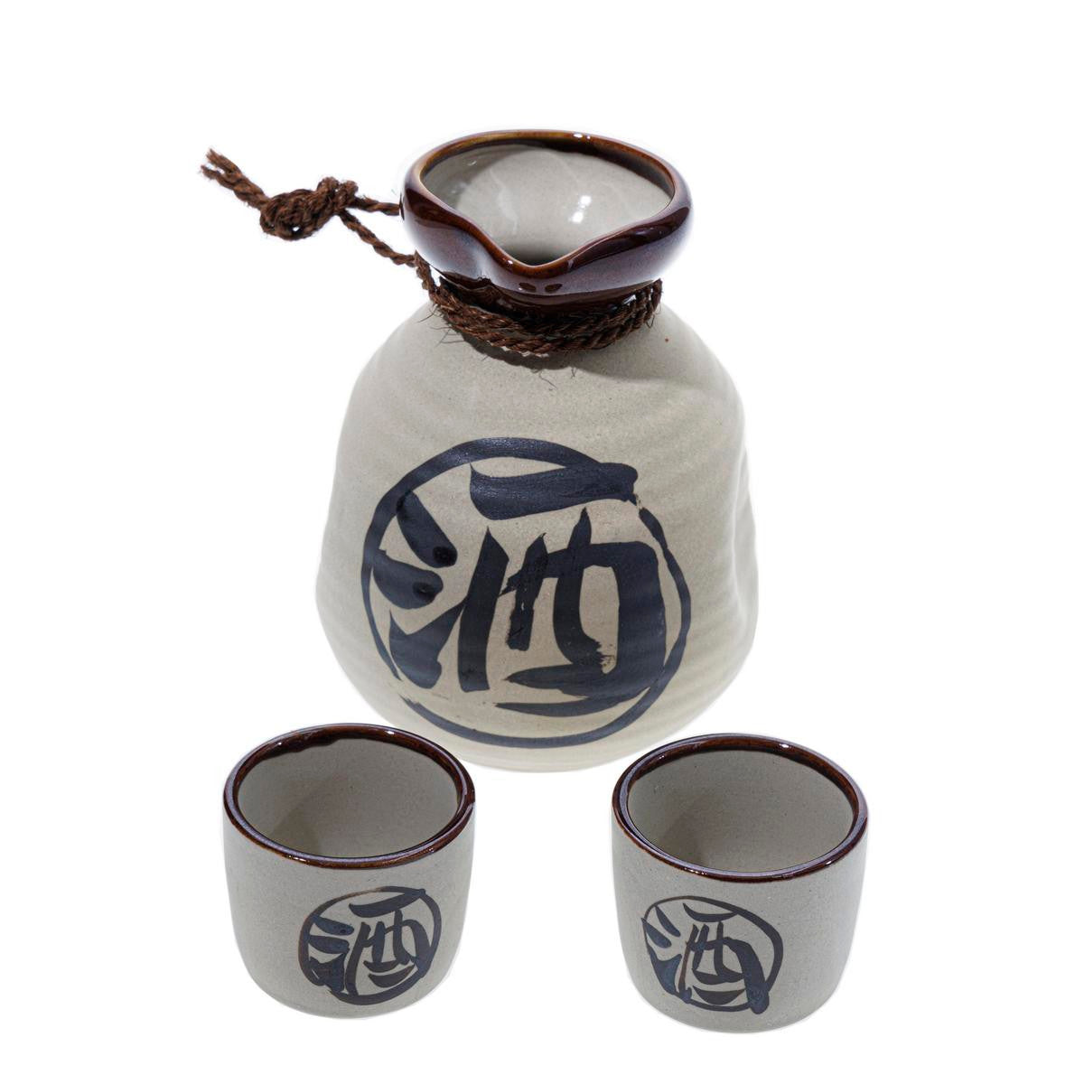 Ceramic sake set beige and brown traditional bisque pattern