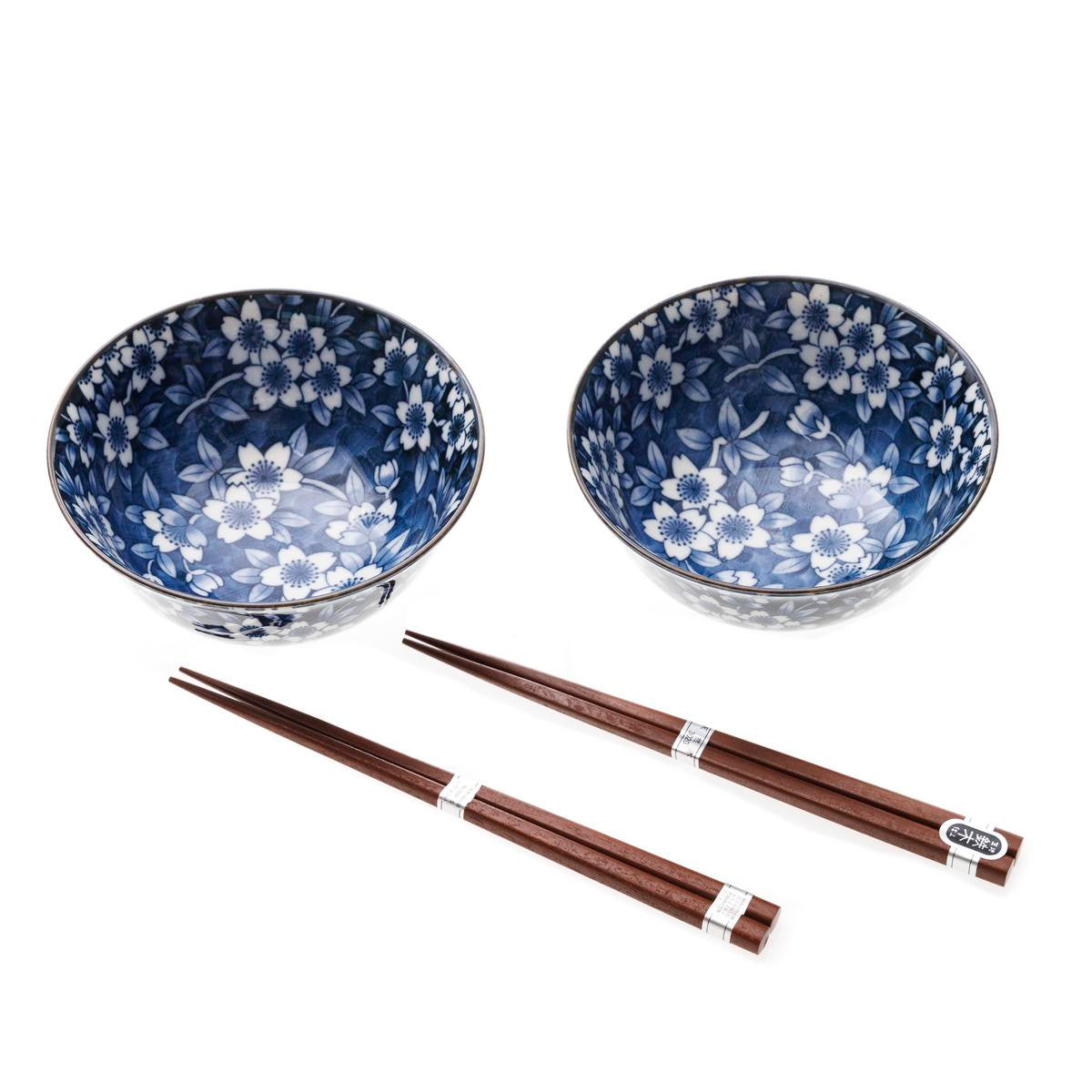Ceramic sometsuke rice bowl set with chopsticks navy flower swirl pattern