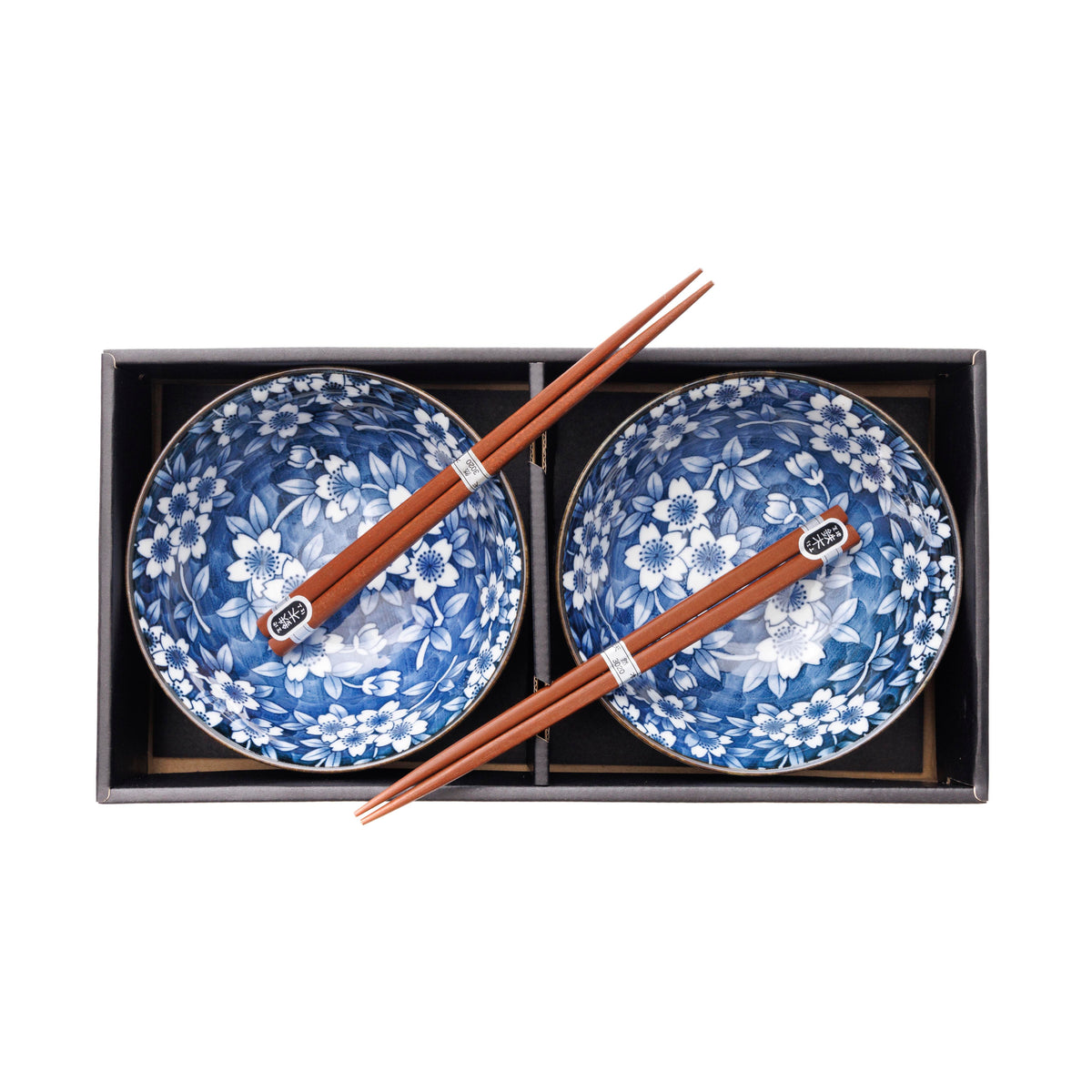 Ceramic Sometsuke Rice Bowl Set With Chopsticks - Navy, Flower Swirl Pattern