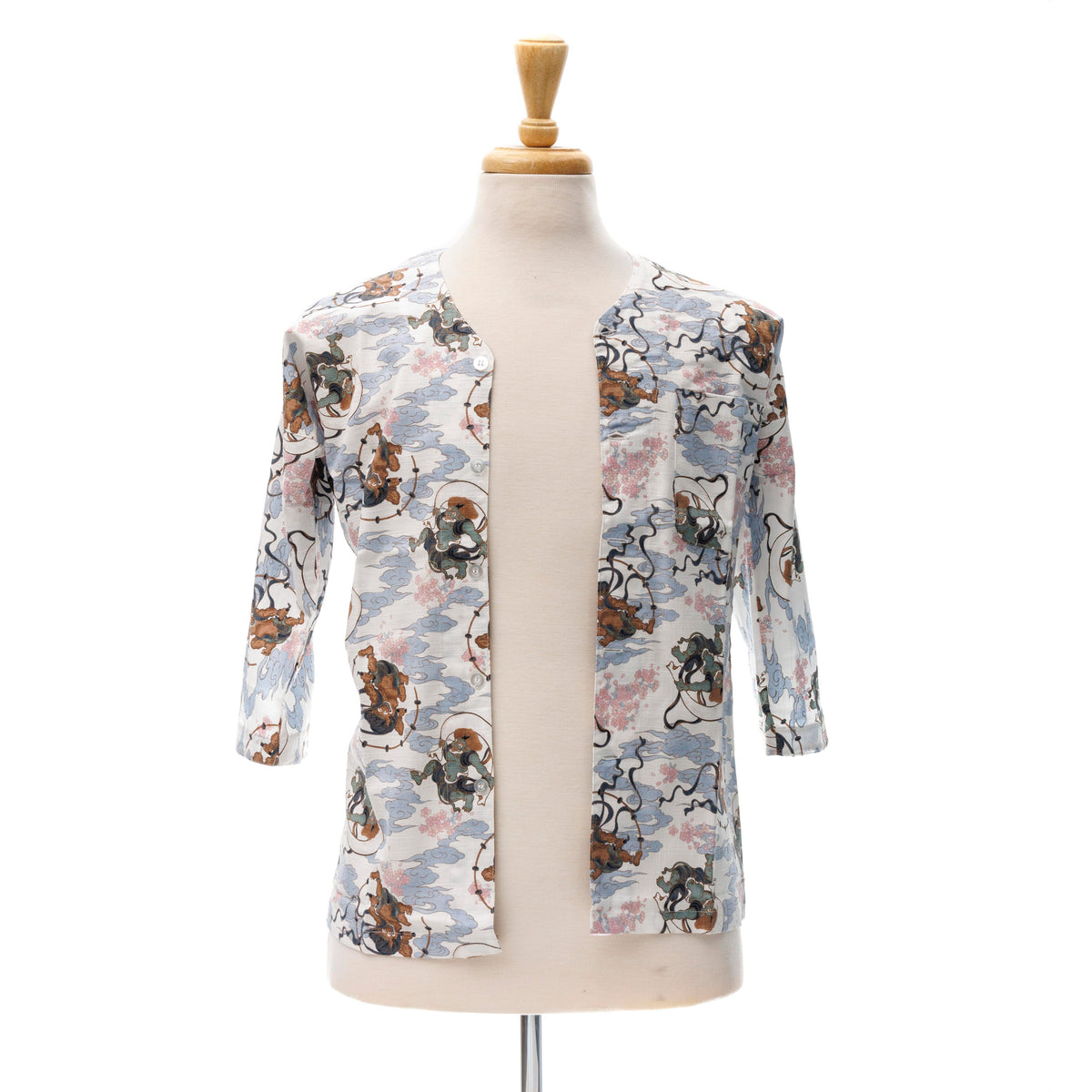 Traditional Japanese Chef Shirt - White, Thunder And Wind God Pattern (Small)