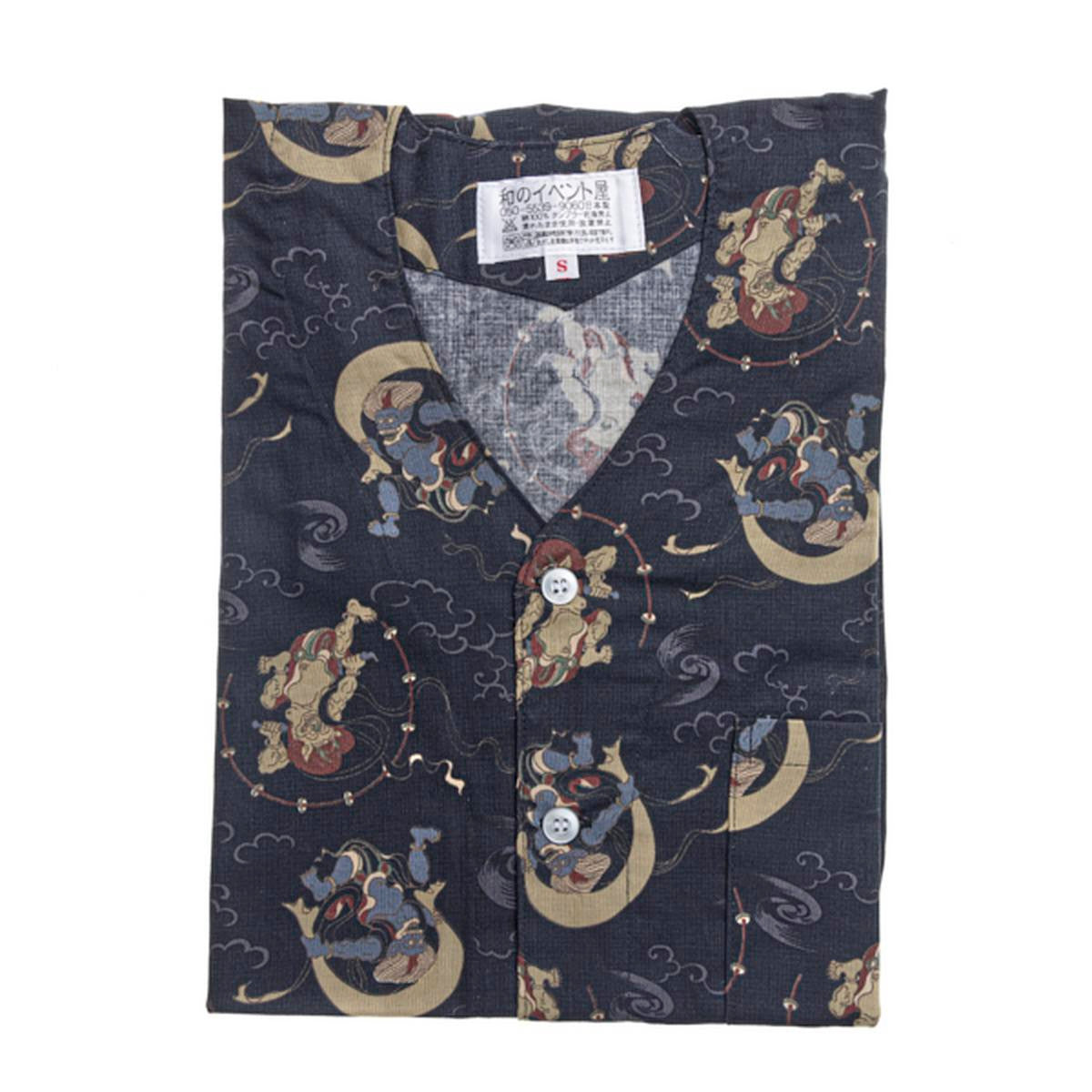 Traditional japanese chef shirt black thunder and wind god pattern small