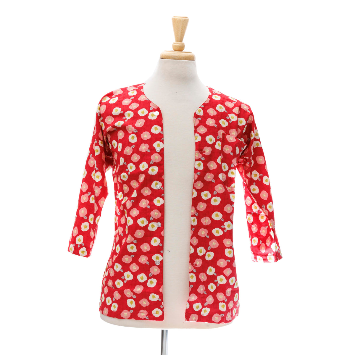 Traditional Japanese Chef Shirt - Red, Tsubaki Camellia Pattern (Medium)