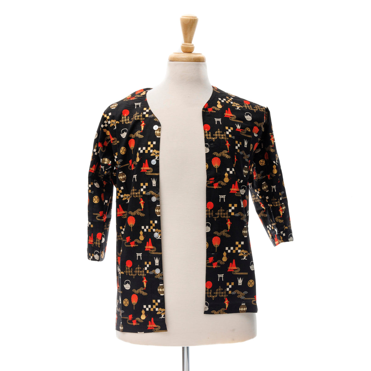 Traditional Japanese Chef's Shirt - Black, Japanese Patterns (Small)