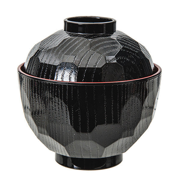 Tanaka hashiten plastic miso soup bowl with lid black and burgundy red tortoiseshell pattern