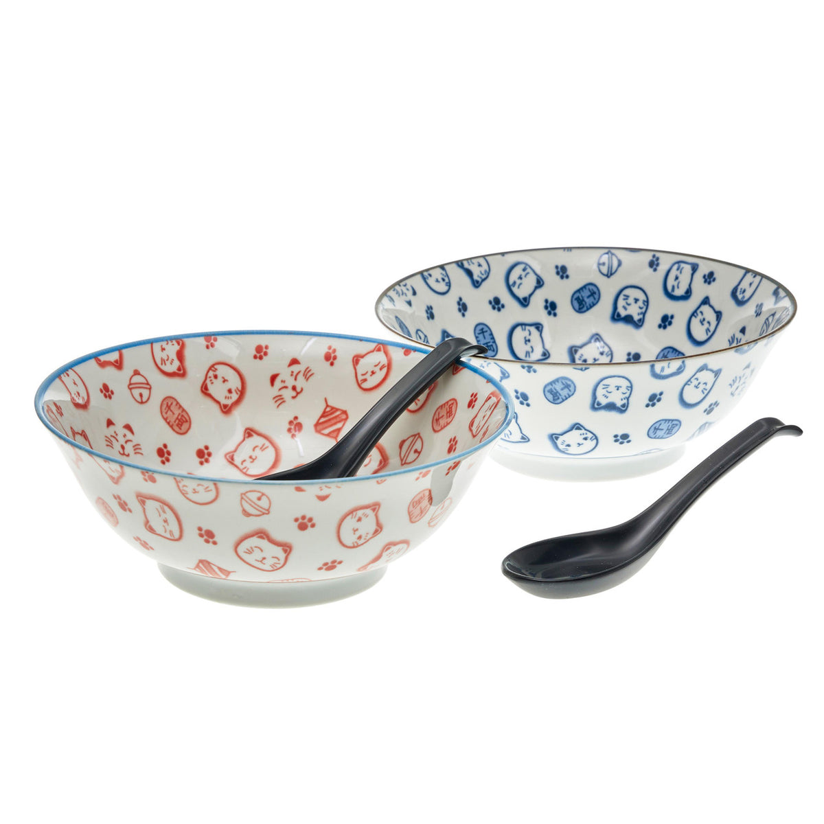 Yamata seiho ceramic ramen bowl and spoons set onegai neko lucky cat design