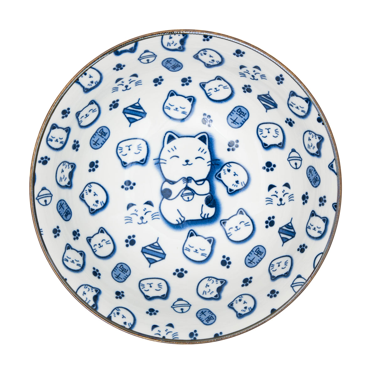 Yamata Seiho Ceramic Ramen Bowl and Spoons Set, Onegai Neko Lucky Cat Design