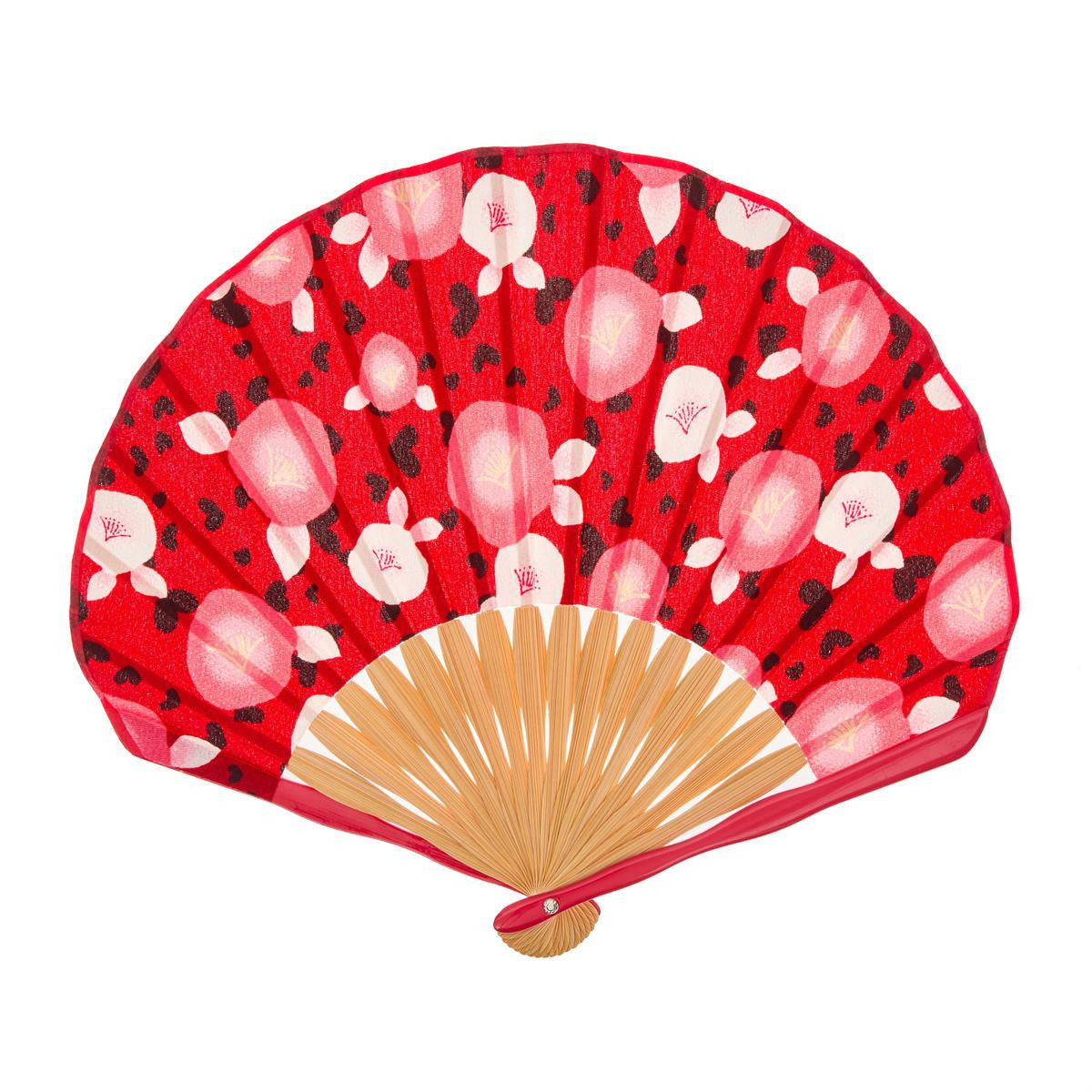 Japanese wooden fan red flowers and hearts