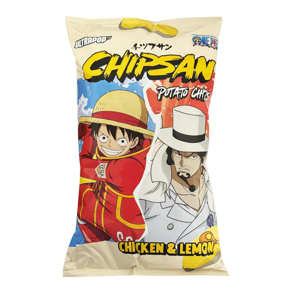 One piece ultra pop chipsan chicken and lemon flavour potato chips luffy vs lucci