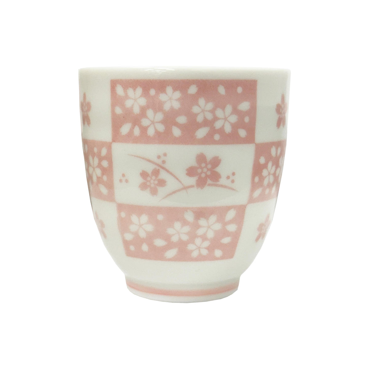 Yamakiikai Ceramic Teacup Set, White and Pink Checkered Sakura Cherry Blossom Pattern