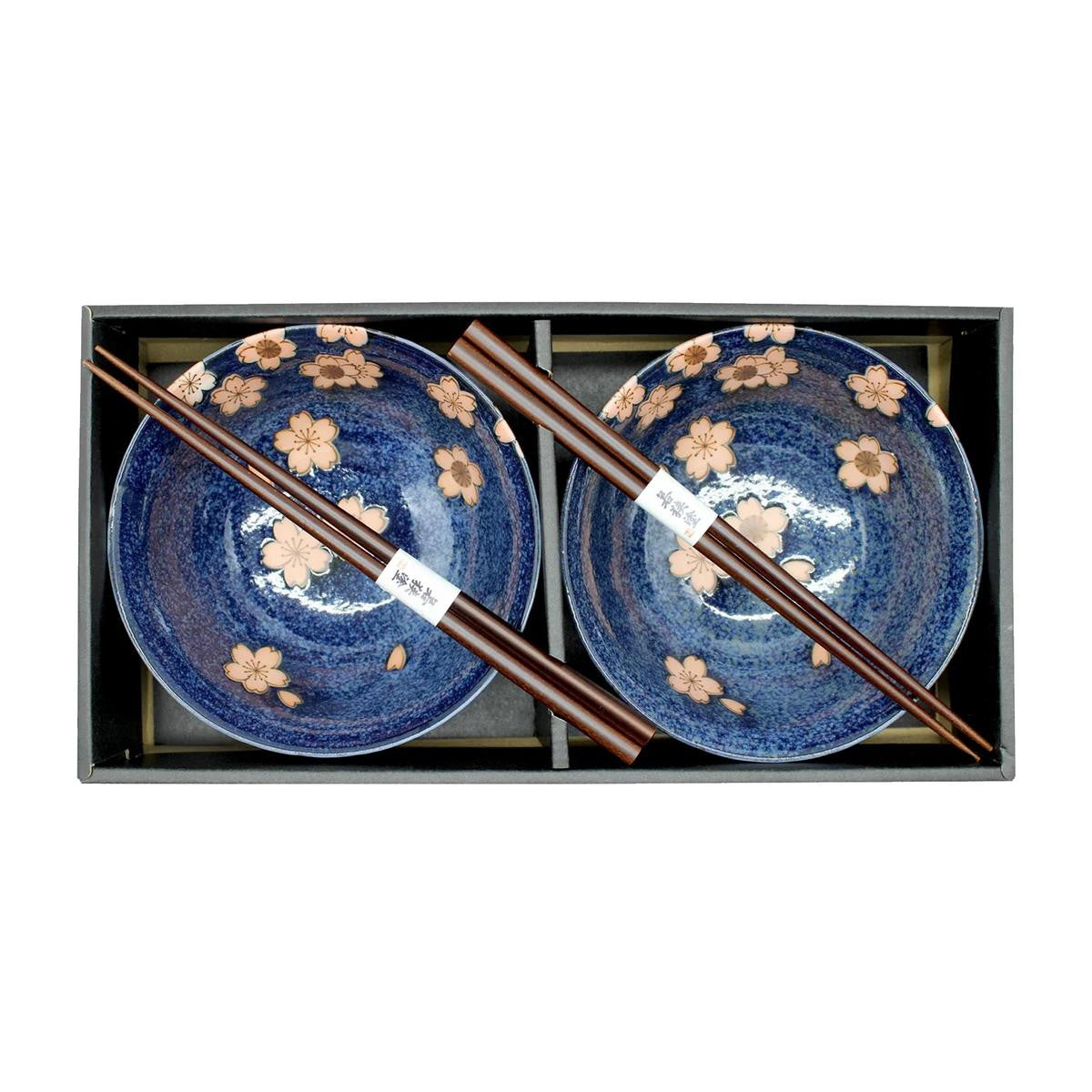 Yamata seiho ceramic rice bowl set with chopsticks navy sakura pattern