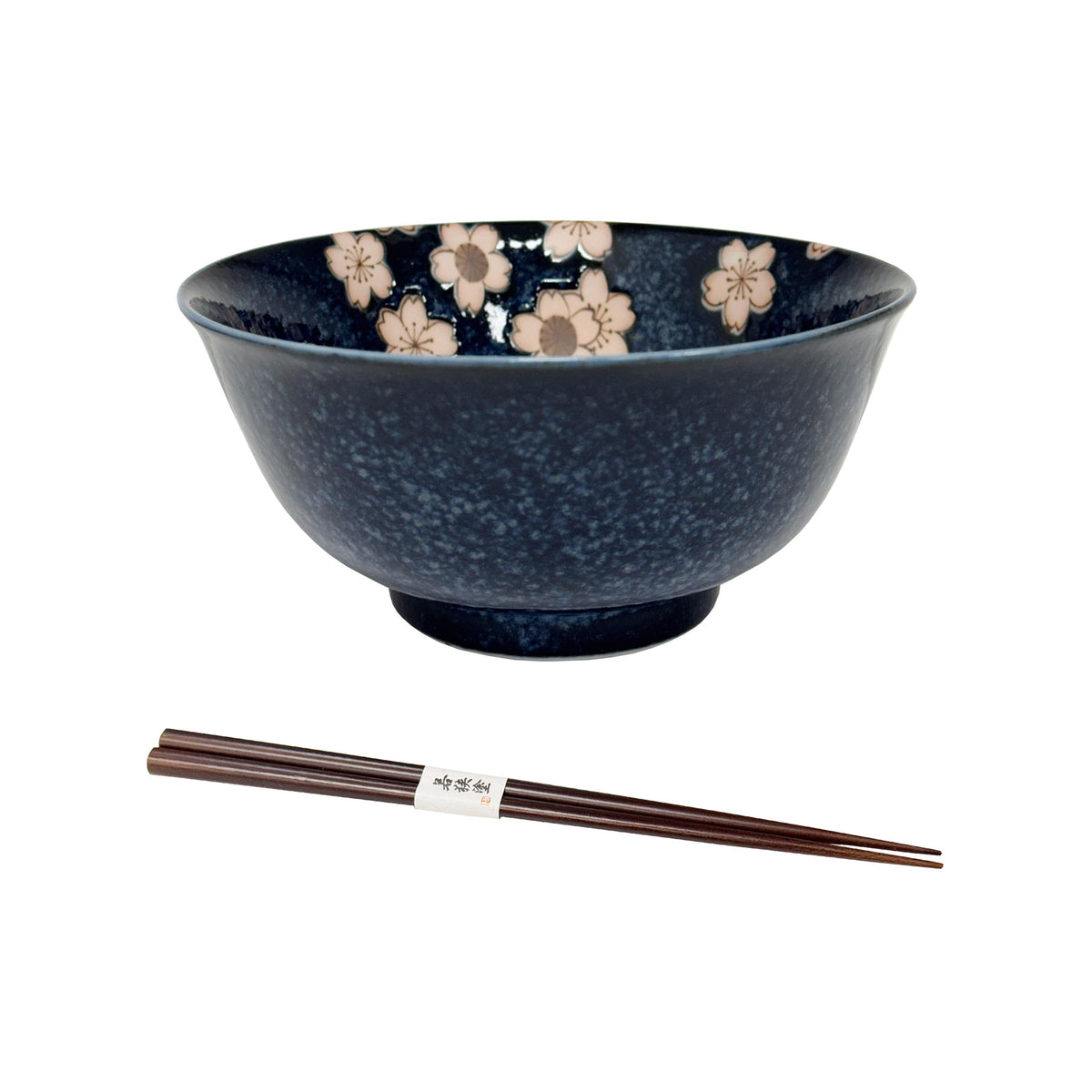Yamata Seiho Ceramic Rice Bowl Set with Chopsticks, Navy Sakura Pattern