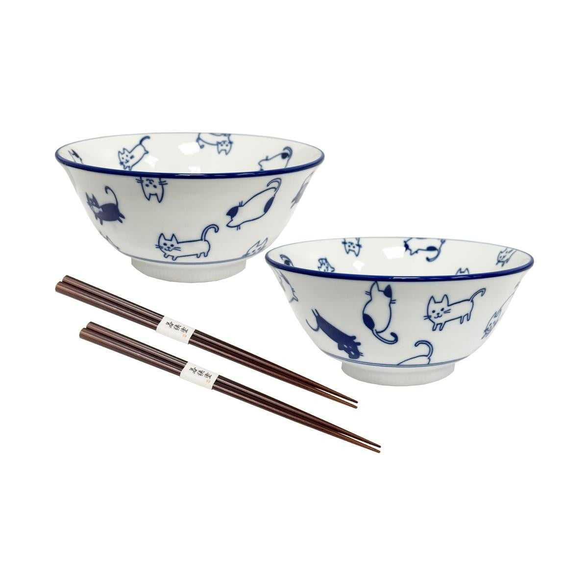 Yamata seiho ceramic rice bowl set with chopsticks dark blue cat pattern